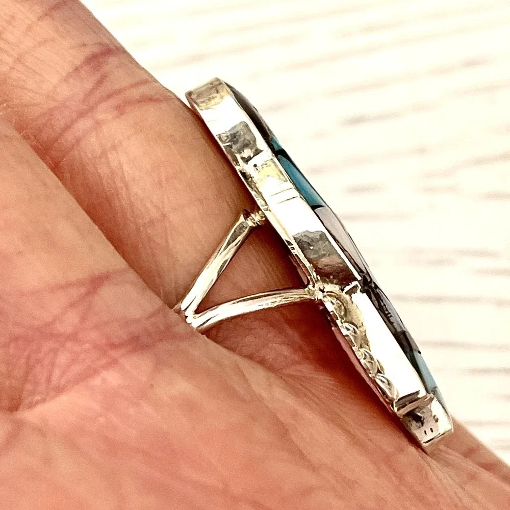 Zuni Indian Maiden‎ Ring Sz 6.5 Turquoise Inlay Signed Joyce Waseta Woman Dress